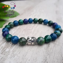 Apatit, azurit-malachit 8 mm-es ásvány karkötő, Buddhával