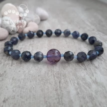 Kordierit-iolit 7 mm-es fazettált ásvány karkötő akvamarinnal