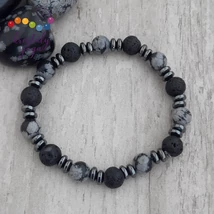 Lávakő, hematit, hópehely obszidián 8 mm-es karkötő