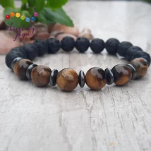 Lávakő 10 mm-es férfi ásvány karkötő, tigrisszemmel