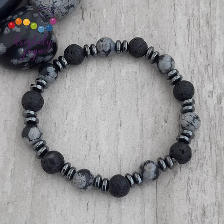 Lávakő, hematit, hópehely obszidián 8 mm-es karkötő